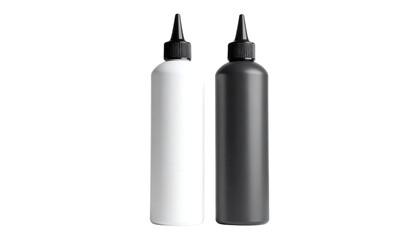 Fototapeta premium Two plastic squeeze bottles, one white and one black, with black caps, isolated on a white background, perfect for product shots or design mockups