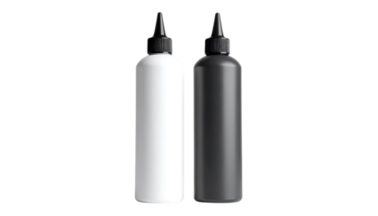 Two plastic squeeze bottles, one white and one black, with black caps, isolated on a white background, perfect for product shots or design mockups