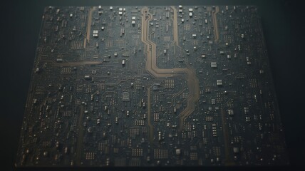 Detailed Macro View of a Dark Electronic Circuit Board with Numerous Components and Golden Traces technology