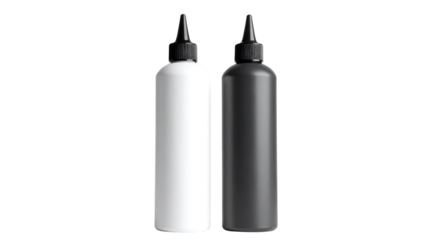 Two plastic squeeze bottles, one white and one black, with black caps, isolated on a white background, perfect for product shots or design mockups
