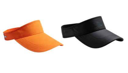 A pair of classic sports visors in vibrant orange and sleek black, isolated on a clean white background for summer activities