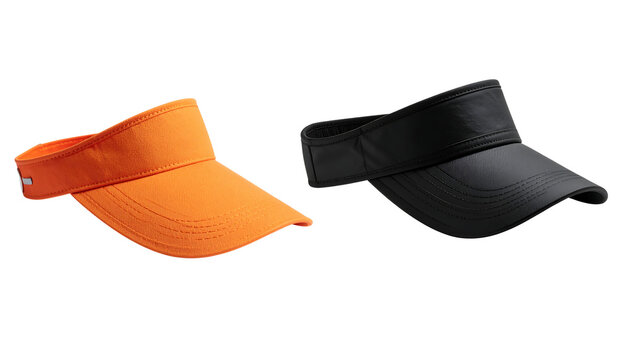 A pair of classic sports visors in vibrant orange and sleek black, isolated on a clean white background for summer activities