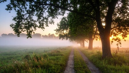 Misty morning landscape with trees lining a path