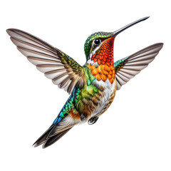 Obraz premium Detailed close-up of a colorful hummingbird in flight with wings spread, black background
