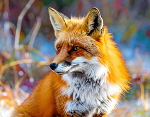 Obraz premium Red fox with bright orange fur and white chest fur looks alert in natural outdoor setting with blurred colorful background