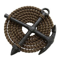 Black Metal Anchor Resting on Thick Nautical Rope