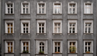Obraz premium Grey building facade with numerous evenly spaced windows