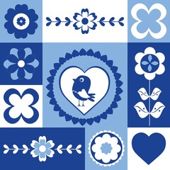 Blue and white cheerful set with flowers and birds as tiles, seamless decor as background.
Kid's cheerful regular pattern.
