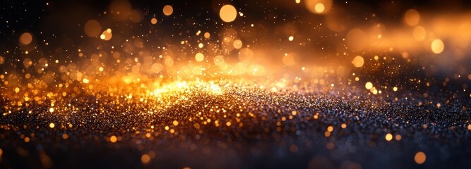 Fototapeta premium Golden dust glimmers softly under a warm light, creating a mesmerizing display. The shimmering particles dance in the gentle glow, evoking a sense of elegance and tranquility in the air