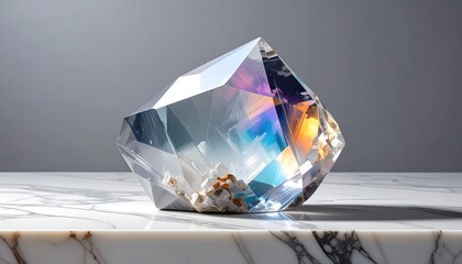 Faceted crystal catches rainbow light on a marble surface