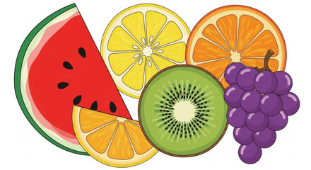 Illustration showing a colorful assortment of fruit slices including watermelon lemon orange kiwi and grapes