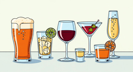 Illustration showing various alcoholic beverages including beer wine and cocktails in different glasses