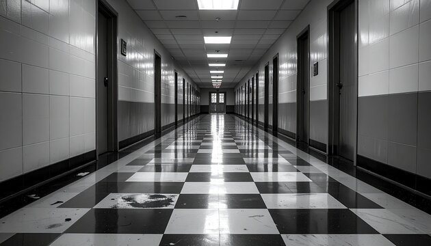 Empty hall; checkered floor, doors along walls