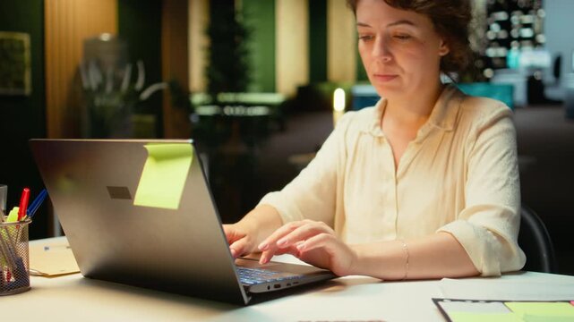 Close up of woman spends the night transcribing key points, typing on her laptop. Creating a summary, proofreading numbers and designing a strategy to align with company targets. Camera A.