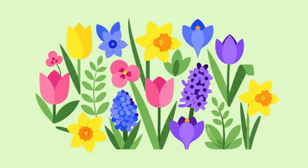 Illustration of vibrant spring flowers including tulips daffodils hyacinths crocus and other blossoms on green background