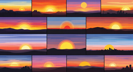 Collection of fifteen sunset landscapes featuring a bright sun over various terrains and cityscapes views