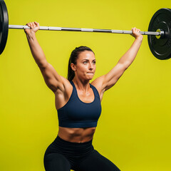 Woman Performing Overhead Barbell Squat in Gym