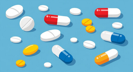 Illustration of various pills and capsules scattered on a light blue surface in a flat lay style