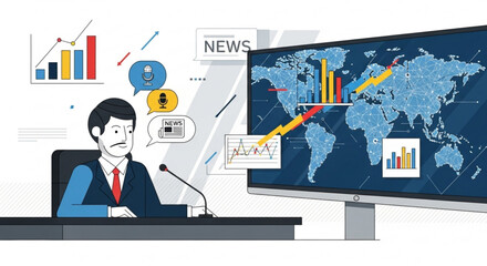 A news anchor presenting global financial data with charts and world map on a screen behind him live on tv