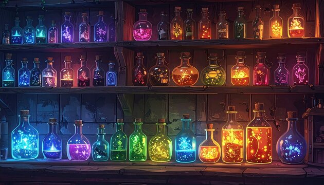 Shelf full of glass bottles holding bright colored liquids