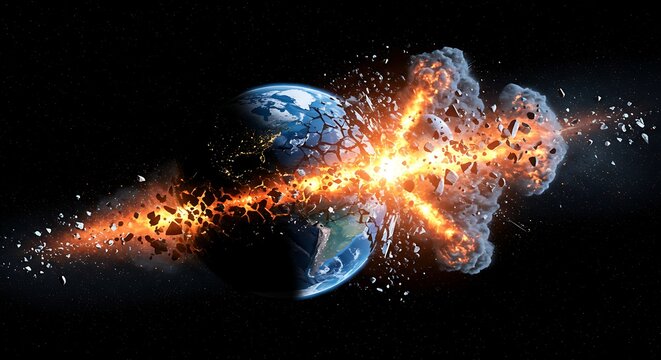 Dramatic depiction of planet destruction with exploding debris and energy