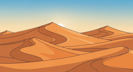 Illustration showing a vast desert landscape with rolling sand dunes under a clear blue and yellow sky horizon