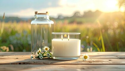 Candle, wildflowers, and empty jar on wood in sunlit field