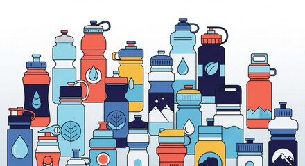 Illustration showing a collection of reusable water bottles with various designs and colors displayed together