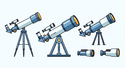 Illustrative depiction of several telescopes in varying positions and orientations against a light background