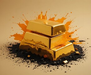 Stunning gold bars stacked high on black gravel with vibrant orange splash, conveying wealth, investment, and financial security for your next project