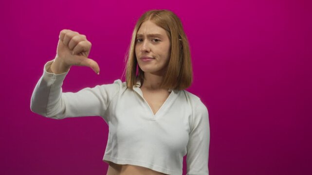 Woman showing negative gesture with thumb down against vibrant pink background, expressing dissatisfaction while isolated for dramatic effect in a colorful setting.