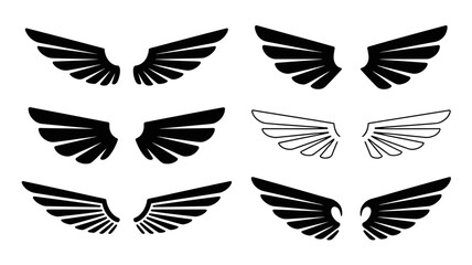 Fototapeta premium Set of black and white stylized wing designs in silhouette and outline style 