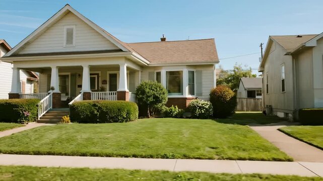 Classic American home with a welcoming front porch, white siding, lush green lawn, and manicured shrubs under a clear blue sky in a quiet residential neighborhood.