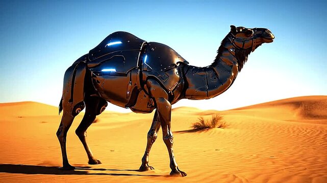 Camel glowing with robotic exoskeleton plating  