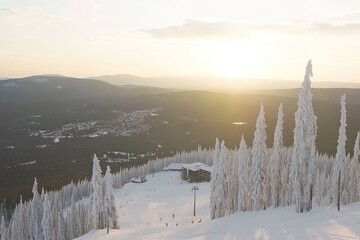 Snowy mountaintop ski resort at sunset