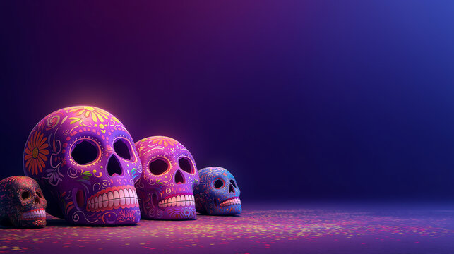 Day of the dead sugar skulls colorful purple background dia de los muertos decoration