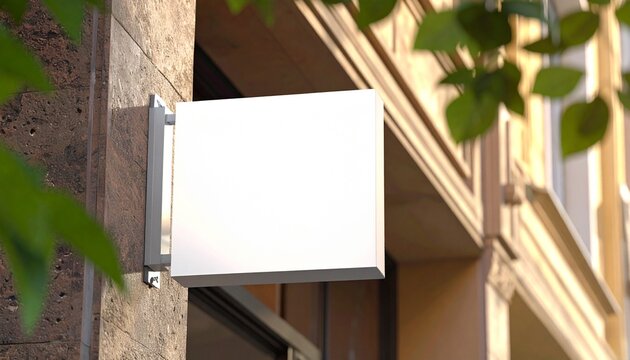 Clean white square sign blank mock-up attached to an urban building facade, offering a customizable template for shop branding, business logos, or outdoor advertising designs in natural light