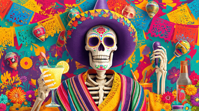 Day of the dead celebration with skeleton in sombrero and colorful fiesta background