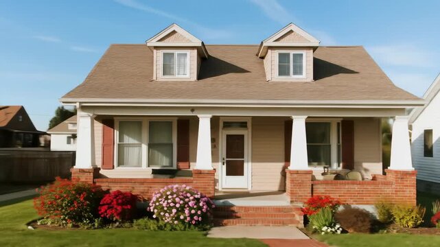 Beautiful suburban home with a welcoming front porch, dormer windows, vibrant flowers, and a manicured lawn under a bright blue sky, ideal for real estate or lifestyle.