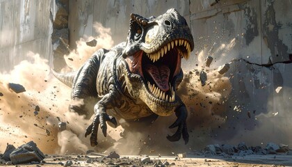 Fierce Tyrannosaurus Rex Dinosaur Emerges From Debris With Mouth Open