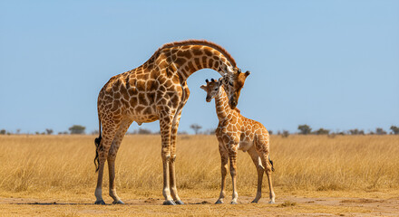 Obraz premium Mother giraffe gently touching her calf in the dry savanna, showing natural affection