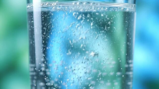 Close-up of fizzy bubbles rising in a glass of sparkling water.