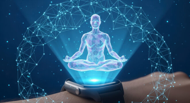 Holographic Meditation Figure Emitting Energy From Smartwatch Technology