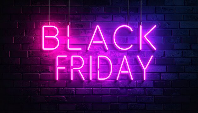 Electrifying neon glowing text on a dark brick wall, signaling a huge discount event and special shopping offers - Powered by Adobe