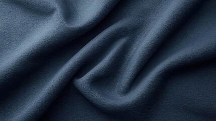 Soft navy blue fabric drapes elegantly, creating smooth flowing curves and shadows that enhance the material's texture and appearance.