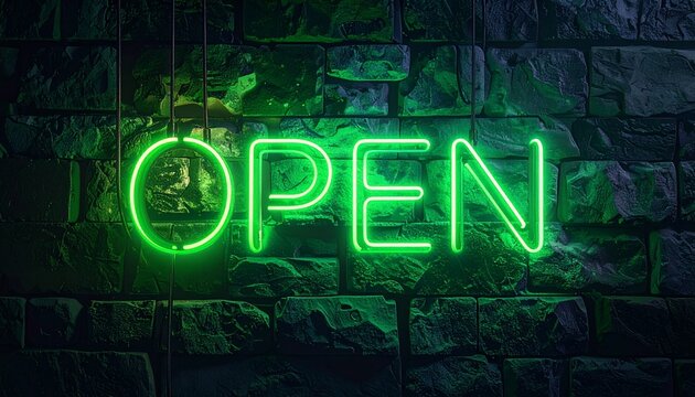 Glowing green neon sign that says OPEN against a textured brick wall