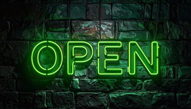 Green Neon Sign That Says OPEN Glowing Against a Dark Brick Wall