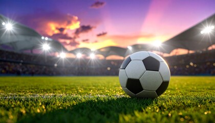 Soccer ball on a lush green field under stadium lights at sunset, ready for a match