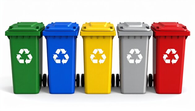 Colorful Recycling Bins A Row of Five Bins for Sorting Waste and Promoting Sustainability