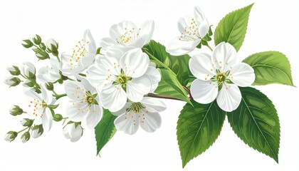 Delicate white blossoms and green leaves on a light branch